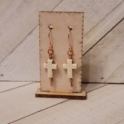 Handmade Dangle Cross Earrings, Reconstituted Howlite, Copper wire - image1